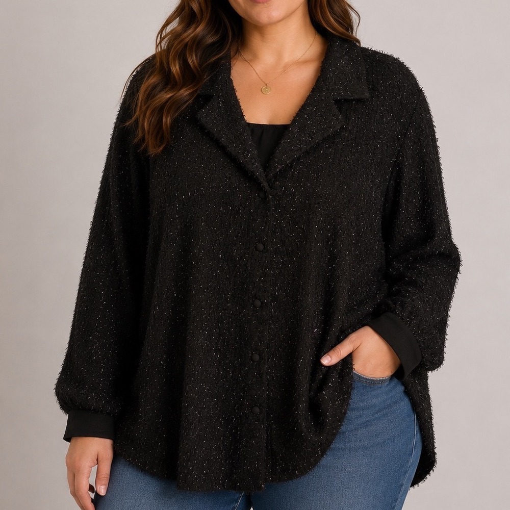 Cato‎ Textured Sparkle Blouse 26/28W Plus Size Black Button Front Shimmer Top